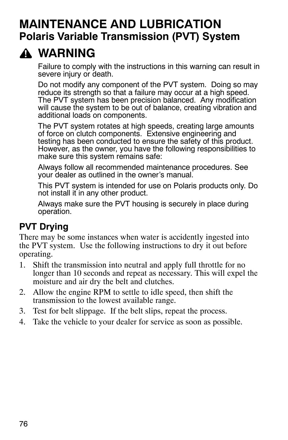 Maintenance and lubrication, Warning, Polaris variable transmission (pvt) system | Polaris 500 2X4 User Manual | Page 79 / 126