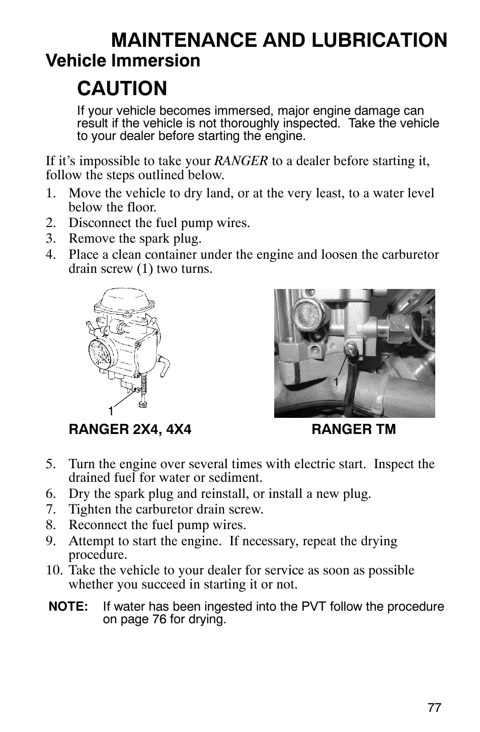 Maintenance and lubrication, Caution, Vehicle immersion | Polaris 500 2X4 User Manual | Page 80 / 126