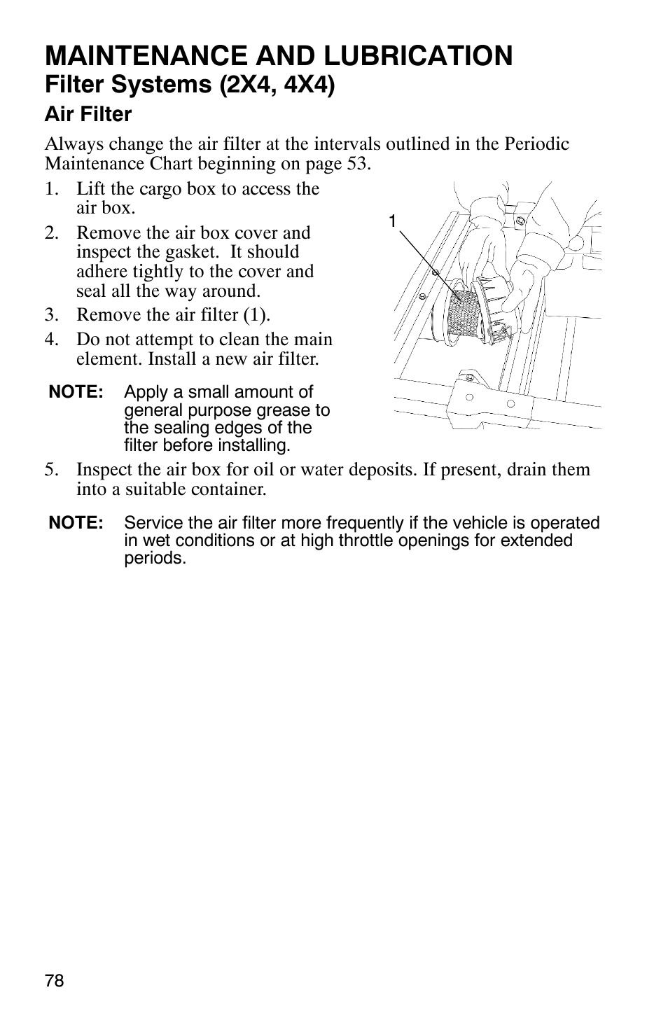 Maintenance and lubrication, Filter systems (2x4, 4x4) | Polaris 500 2X4 User Manual | Page 81 / 126