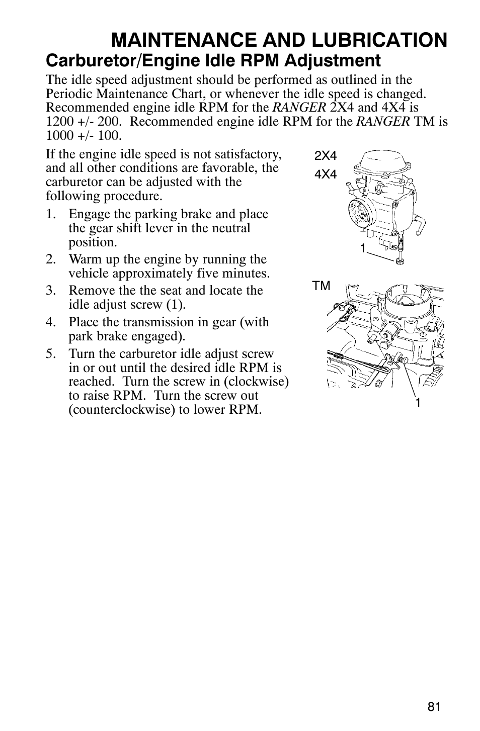 Maintenance and lubrication, Carburetor/engine idle rpm adjustment | Polaris 500 2X4 User Manual | Page 84 / 126