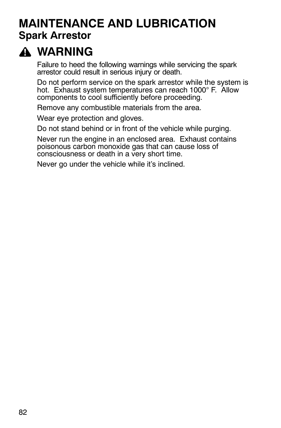 Maintenance and lubrication, Warning, Spark arrestor | Polaris 500 2X4 User Manual | Page 85 / 126