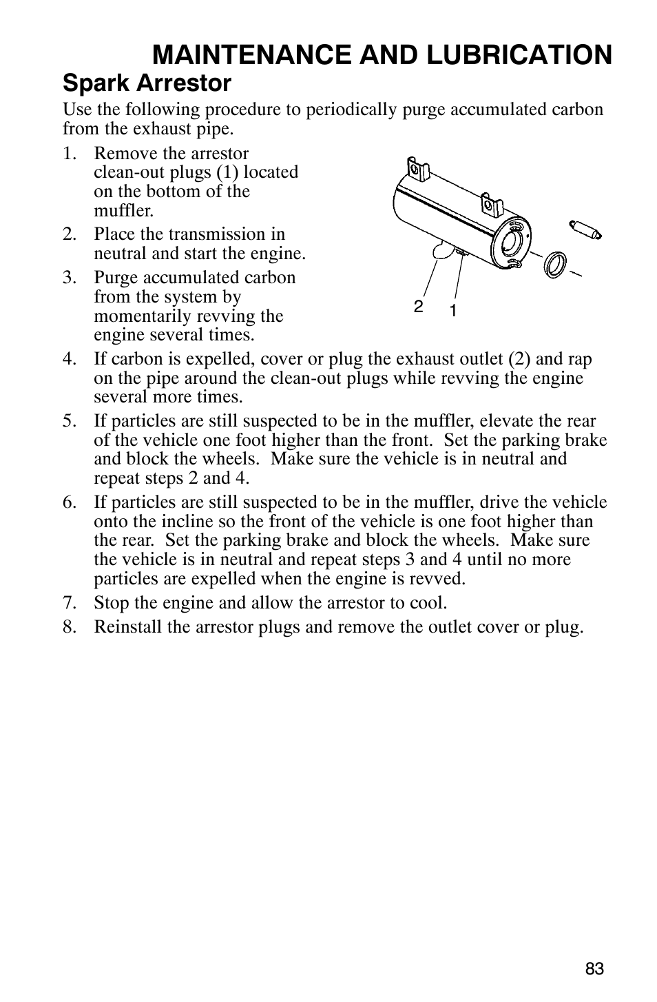 Maintenance and lubrication, Spark arrestor | Polaris 500 2X4 User Manual | Page 86 / 126