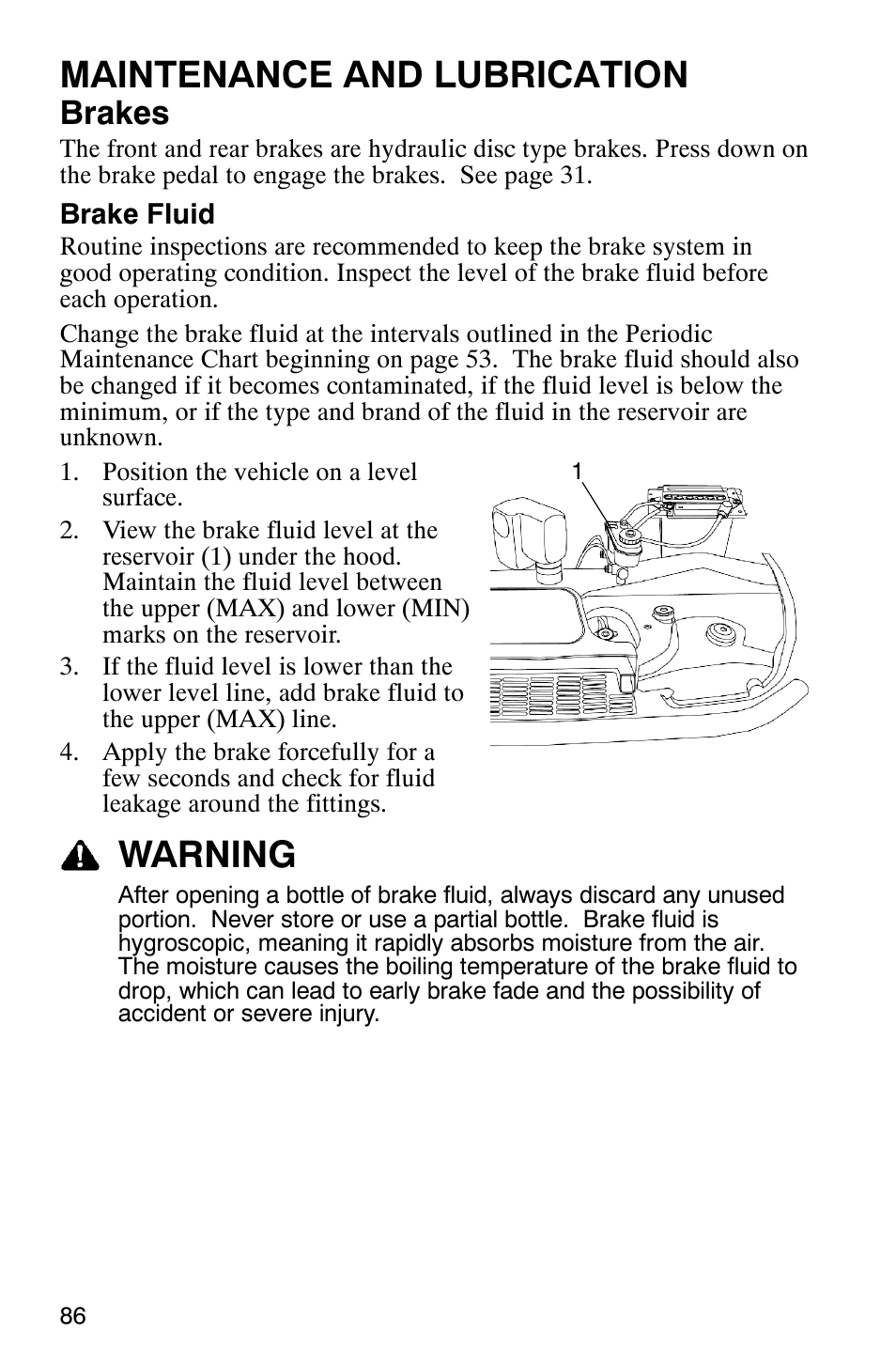 Maintenance and lubrication, Warning, Brakes | Polaris 500 2X4 User Manual | Page 89 / 126