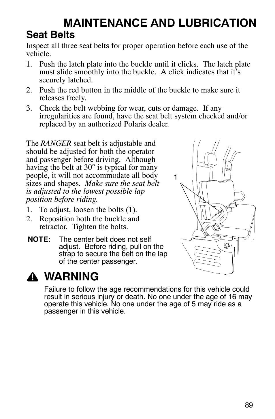 Maintenance and lubrication, Warning, Seat belts | Polaris 500 2X4 User Manual | Page 92 / 126