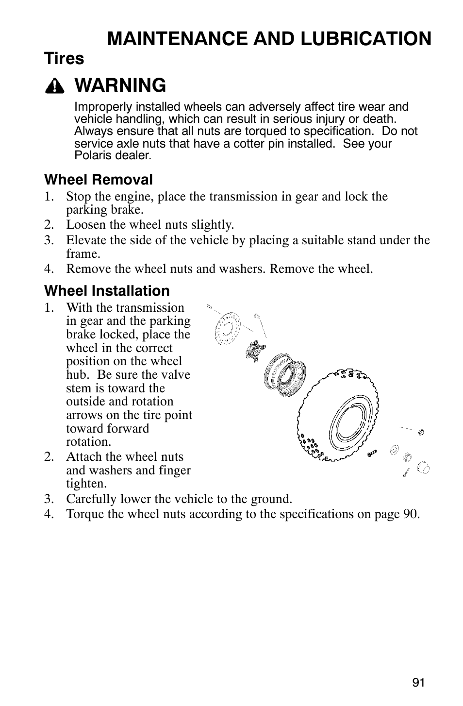 Maintenance and lubrication, Warning, Tires | Polaris 500 2X4 User Manual | Page 94 / 126