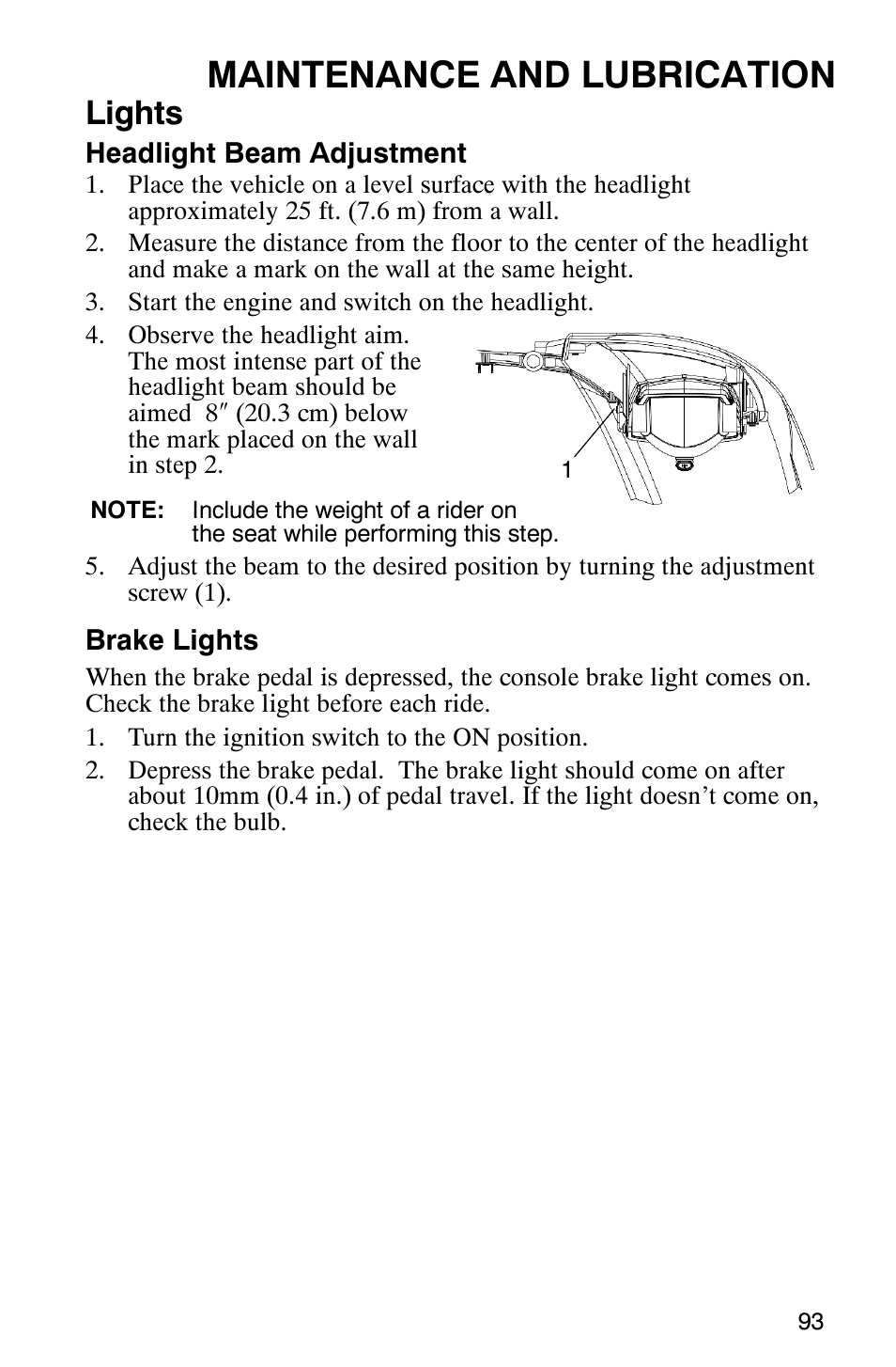 Maintenance and lubrication, Lights | Polaris 500 2X4 User Manual | Page 96 / 126