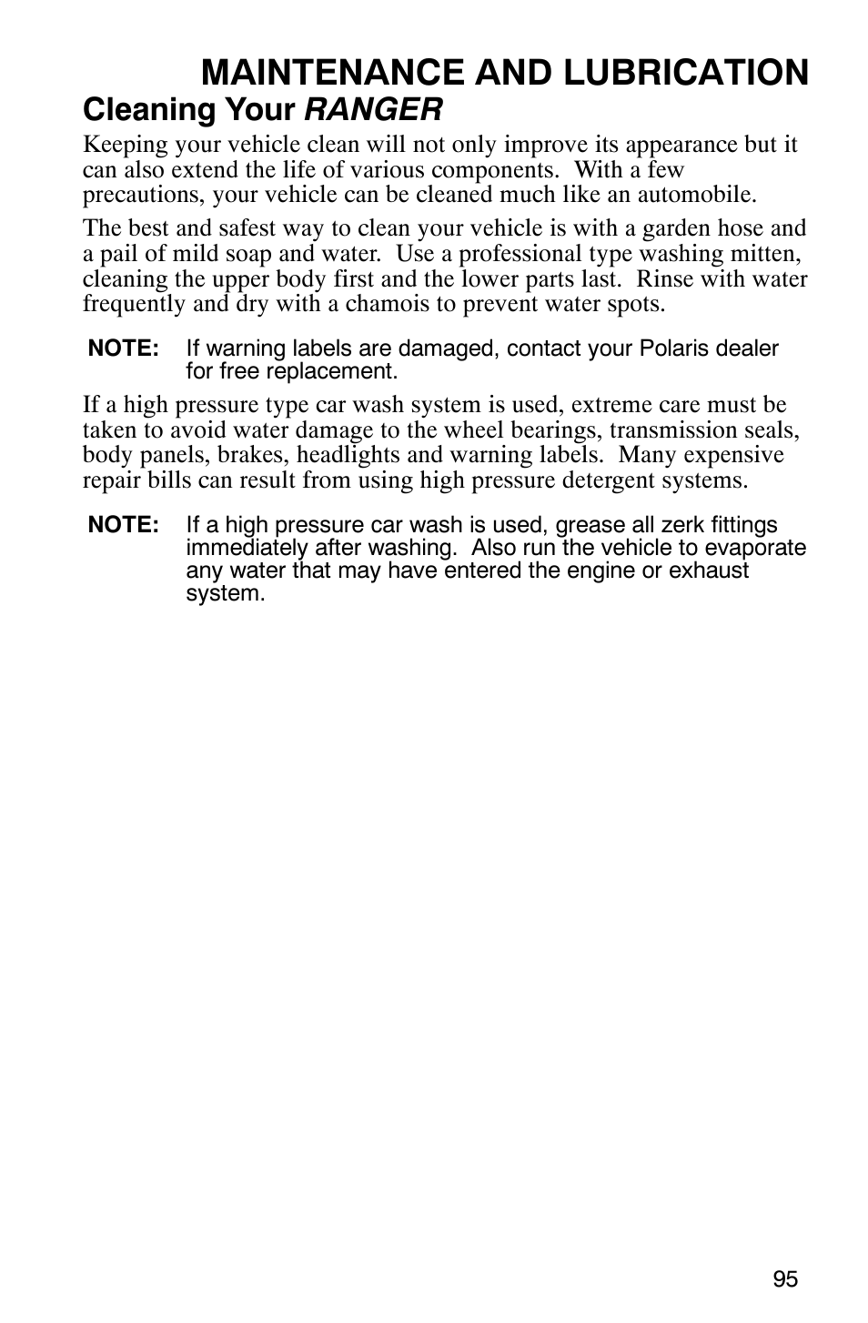 Maintenance and lubrication, Cleaning your ranger | Polaris 500 2X4 User Manual | Page 98 / 126