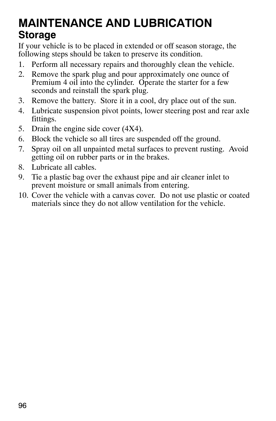 Maintenance and lubrication, Storage | Polaris 500 2X4 User Manual | Page 99 / 126