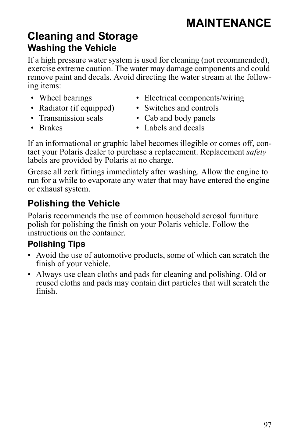 Maintenance, Cleaning and storage | Polaris Trail Blazer 9922460 User Manual | Page 101 / 129