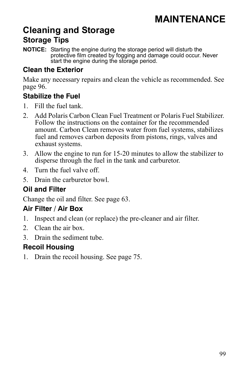 Maintenance, Cleaning and storage | Polaris Trail Blazer 9922460 User Manual | Page 103 / 129