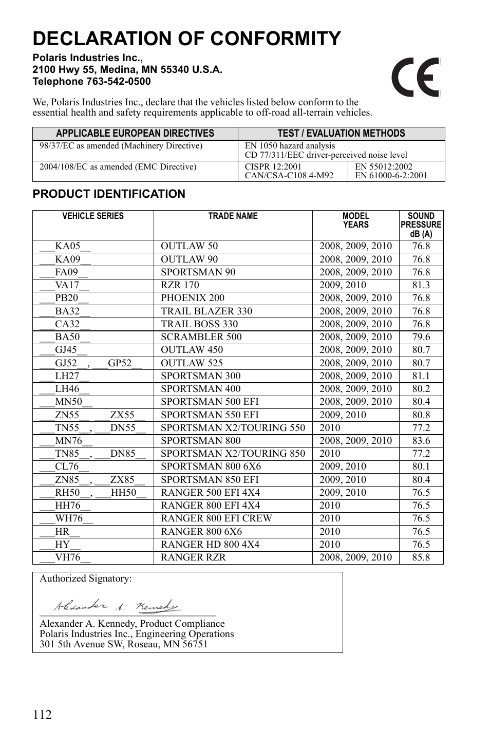 Declaration of conformity | Polaris Trail Blazer 9922460 User Manual | Page 116 / 129