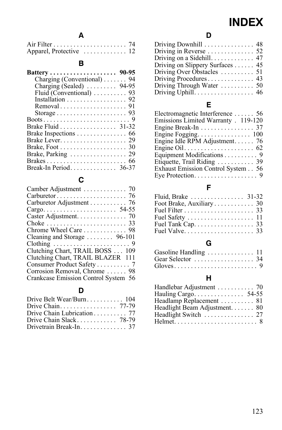 Index | Polaris Trail Blazer 9922460 User Manual | Page 127 / 129