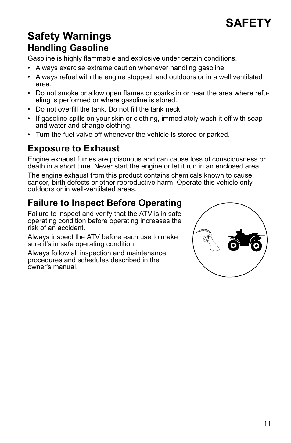Safety, Safety warnings, Handling gasoline | Exposure to exhaust, Failure to inspect before operating | Polaris Trail Blazer 9922460 User Manual | Page 15 / 129