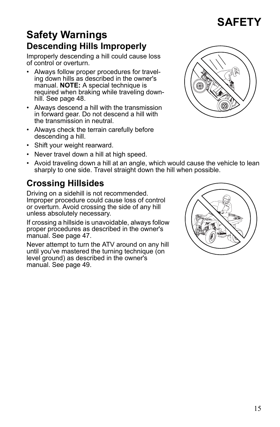 Safety, Safety warnings, Descending hills improperly | Crossing hillsides | Polaris Trail Blazer 9922460 User Manual | Page 19 / 129