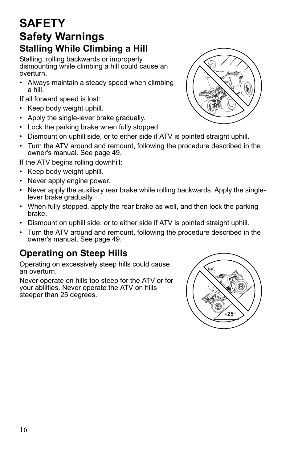 Safety, Safety warnings, Stalling while climbing a hill | Operating on steep hills | Polaris Trail Blazer 9922460 User Manual | Page 20 / 129
