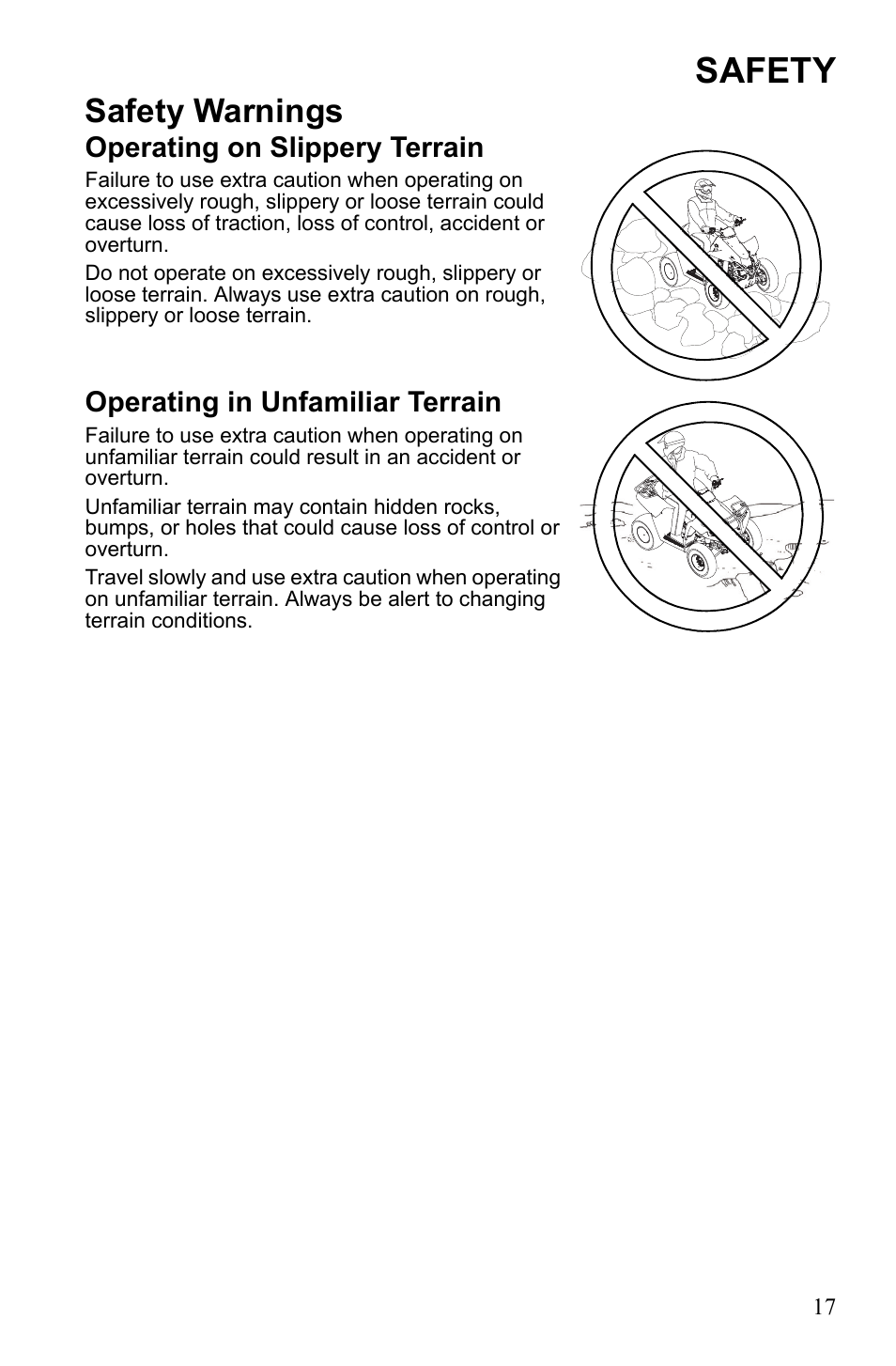 Safety, Safety warnings, Operating on slippery terrain | Operating in unfamiliar terrain | Polaris Trail Blazer 9922460 User Manual | Page 21 / 129