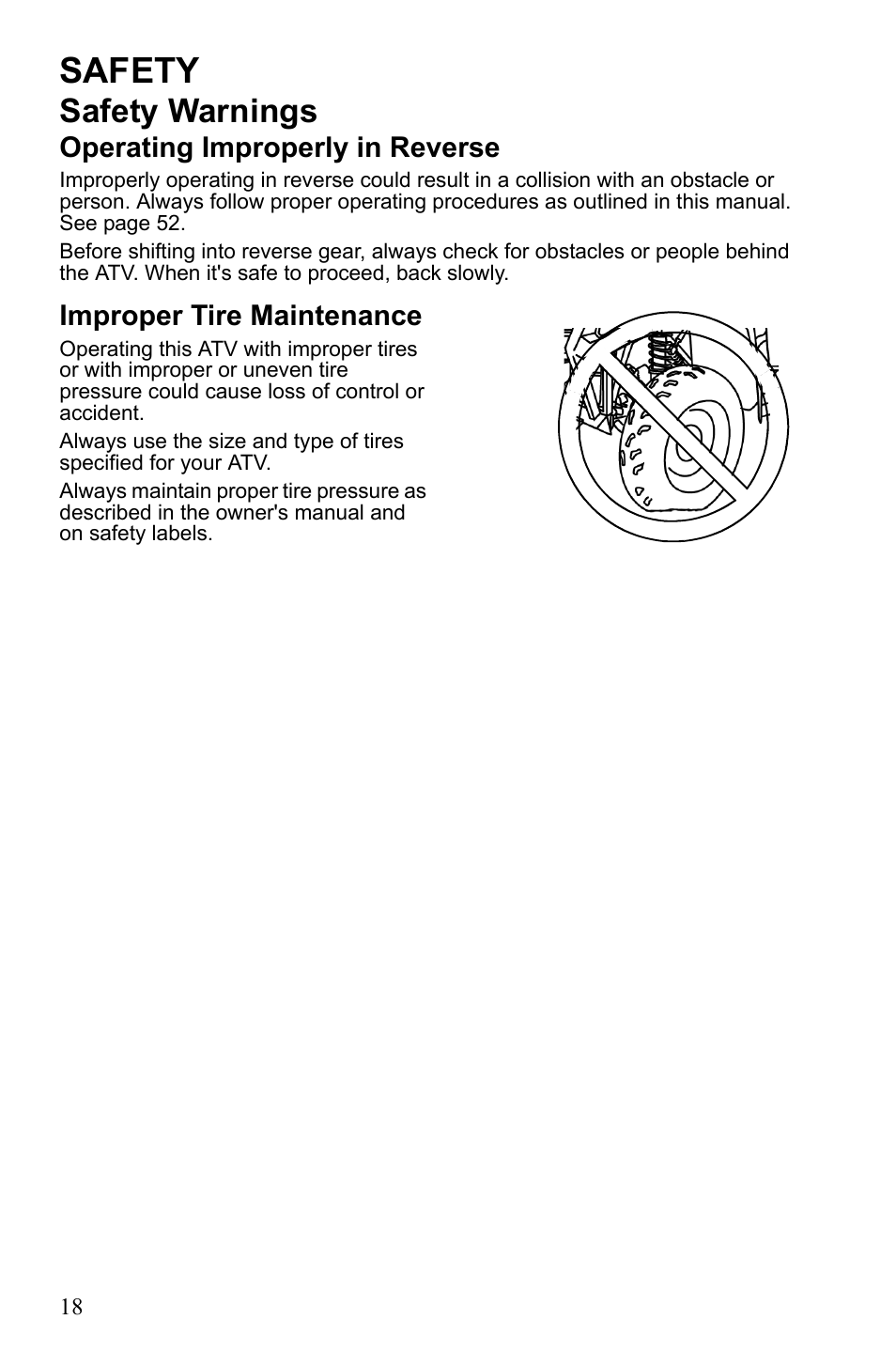 Safety, Safety warnings, Operating improperly in reverse | Improper tire maintenance | Polaris Trail Blazer 9922460 User Manual | Page 22 / 129