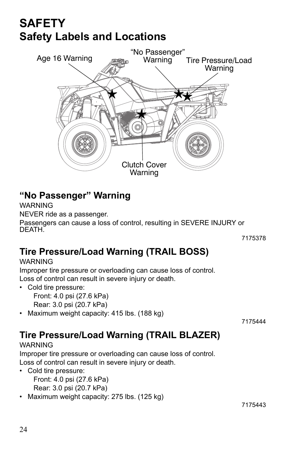 Safety, Safety labels and locations | Polaris Trail Blazer 9922460 User Manual | Page 28 / 129