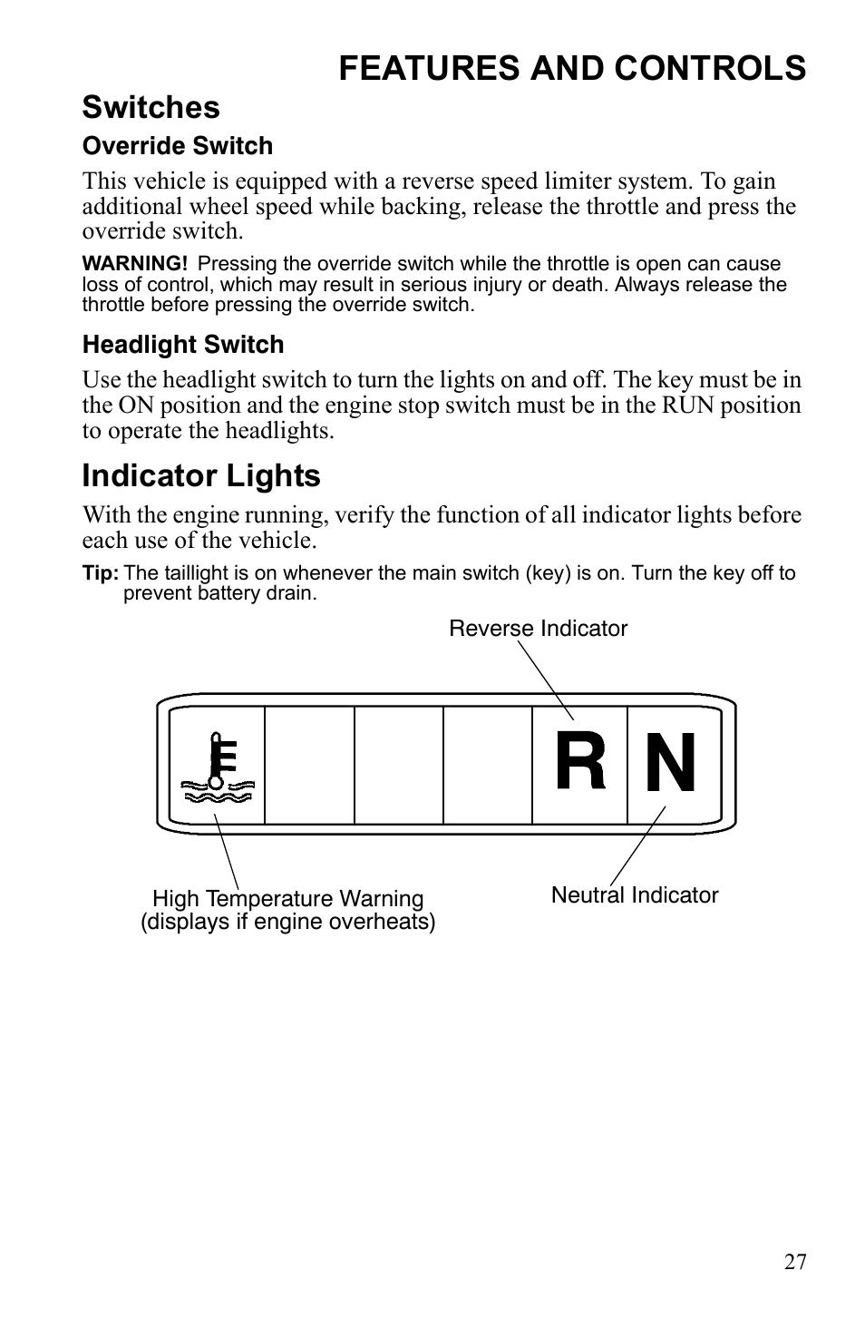 Features and controls, Switches, Indicator lights | Polaris Trail Blazer 9922460 User Manual | Page 31 / 129