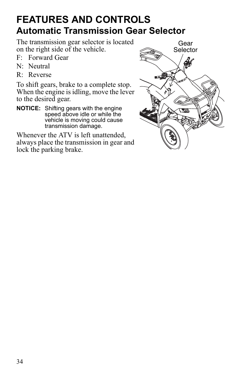 Features and controls, Automatic transmission gear selector | Polaris Trail Blazer 9922460 User Manual | Page 38 / 129