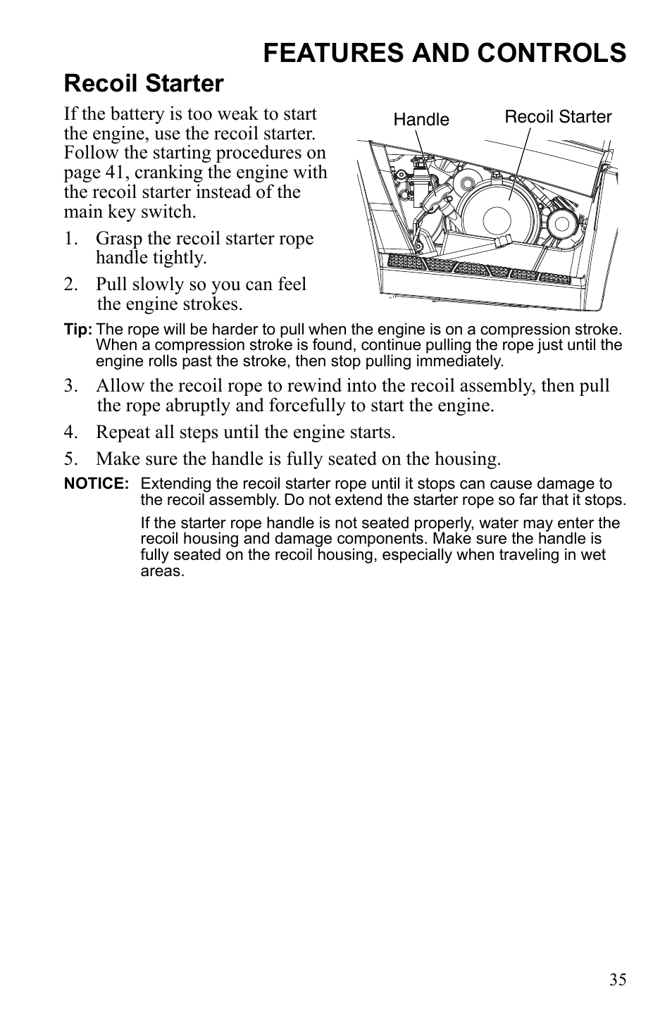 Features and controls, Recoil starter | Polaris Trail Blazer 9922460 User Manual | Page 39 / 129