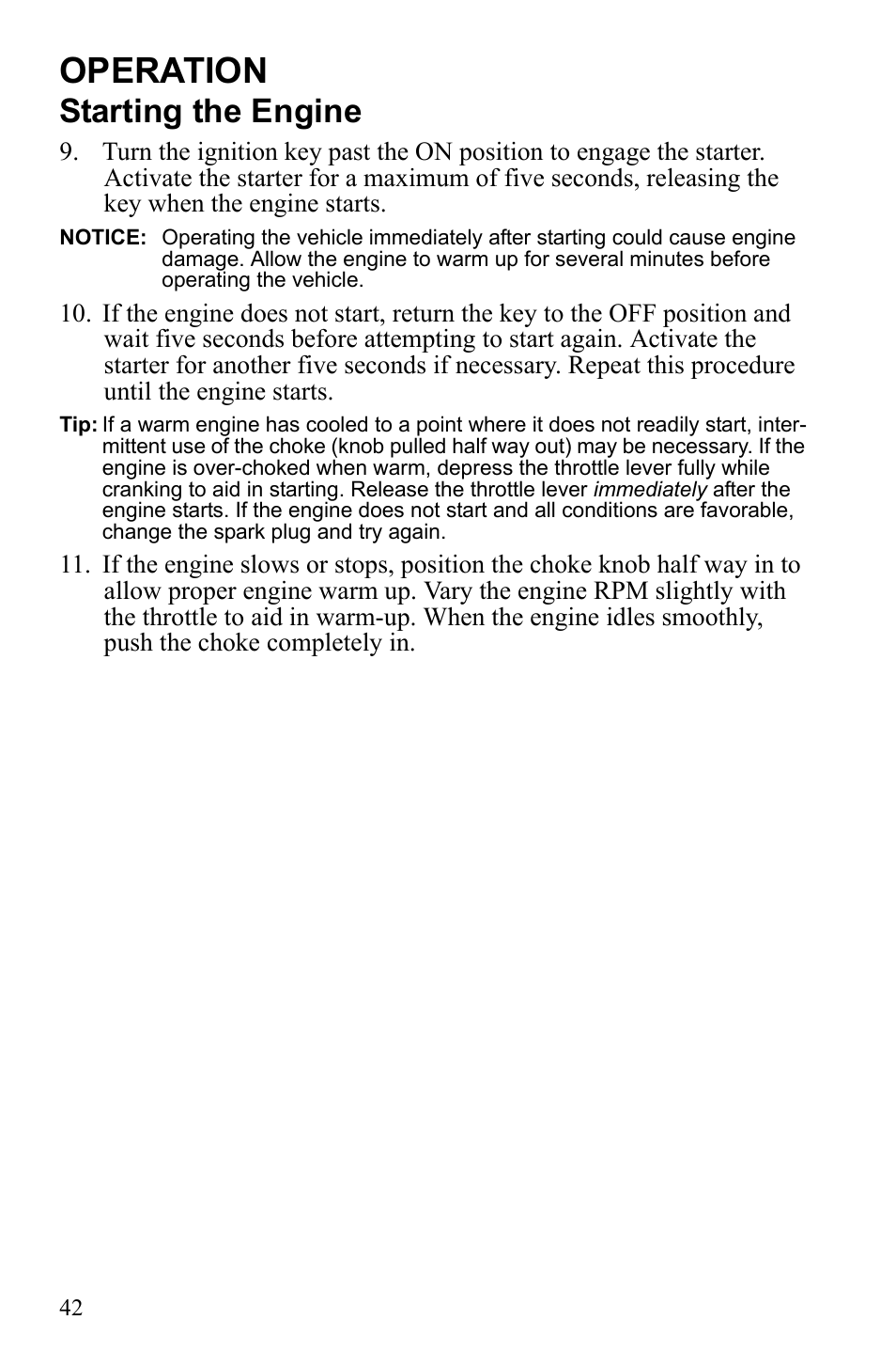 Operation, Starting the engine | Polaris Trail Blazer 9922460 User Manual | Page 46 / 129