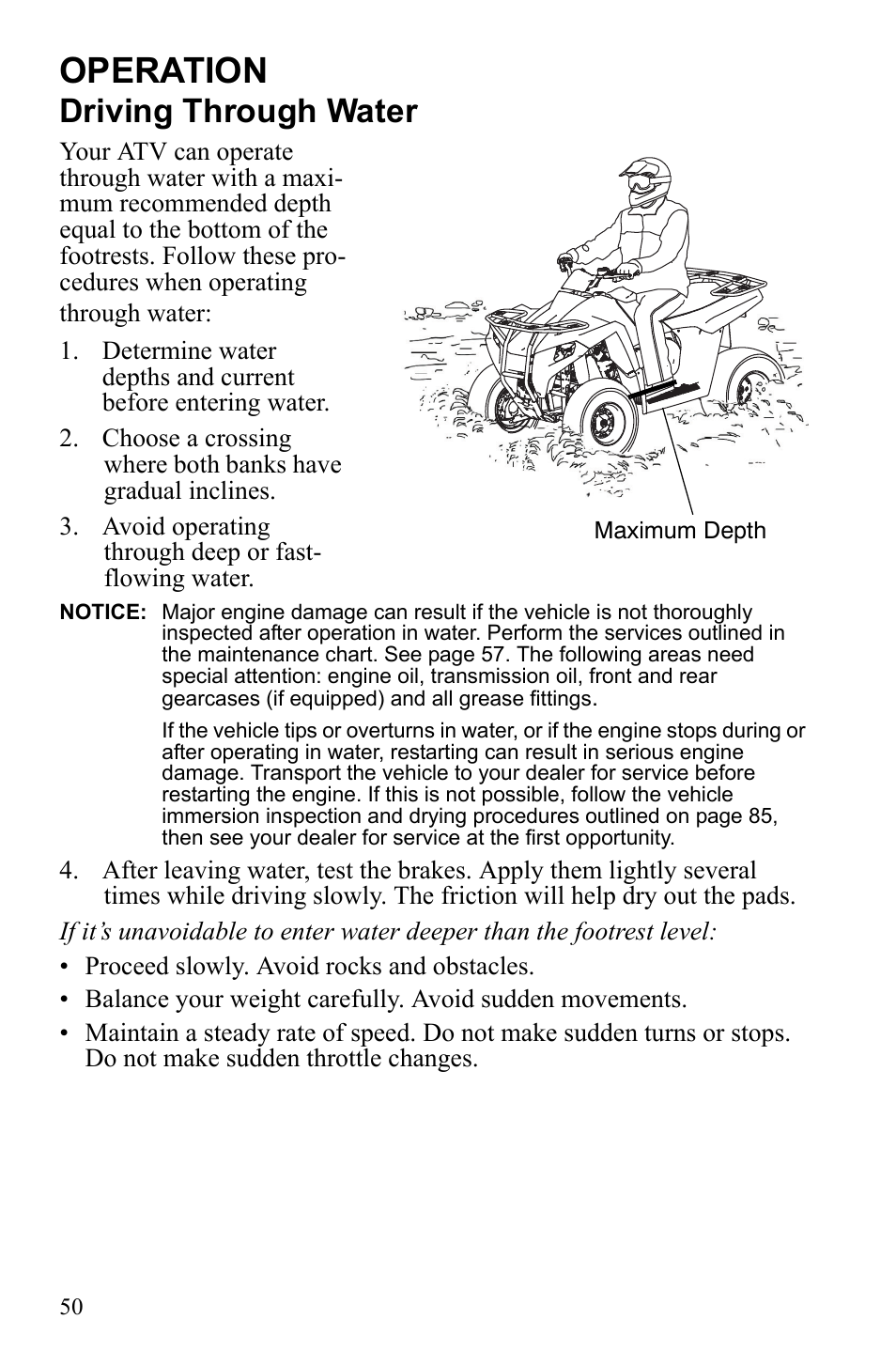 Operation, Driving through water | Polaris Trail Blazer 9922460 User Manual | Page 54 / 129