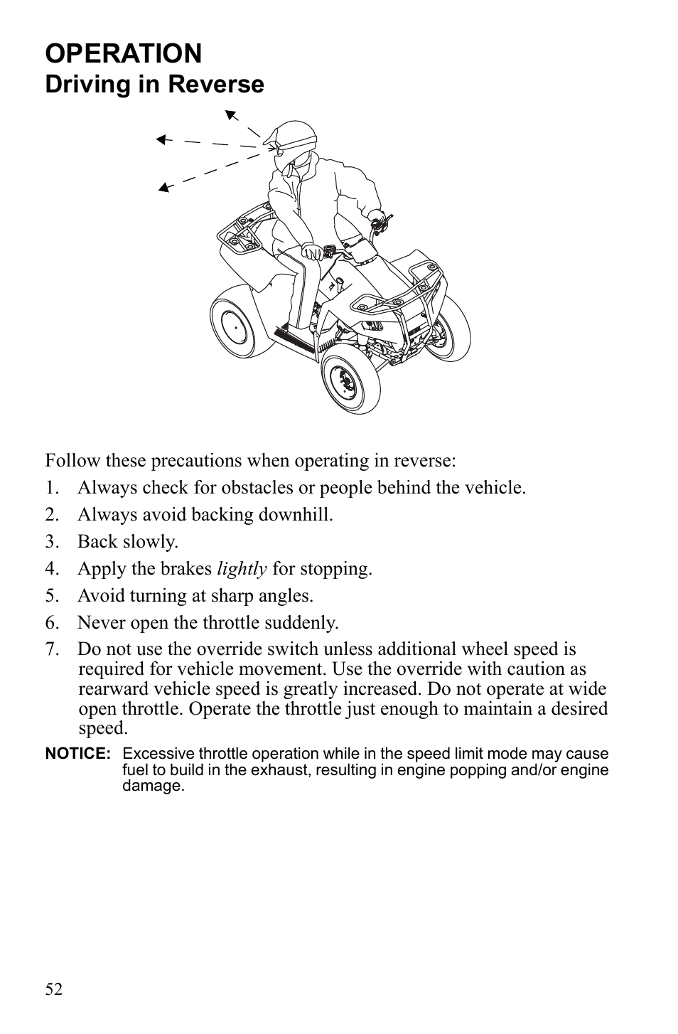 Operation, Driving in reverse | Polaris Trail Blazer 9922460 User Manual | Page 56 / 129