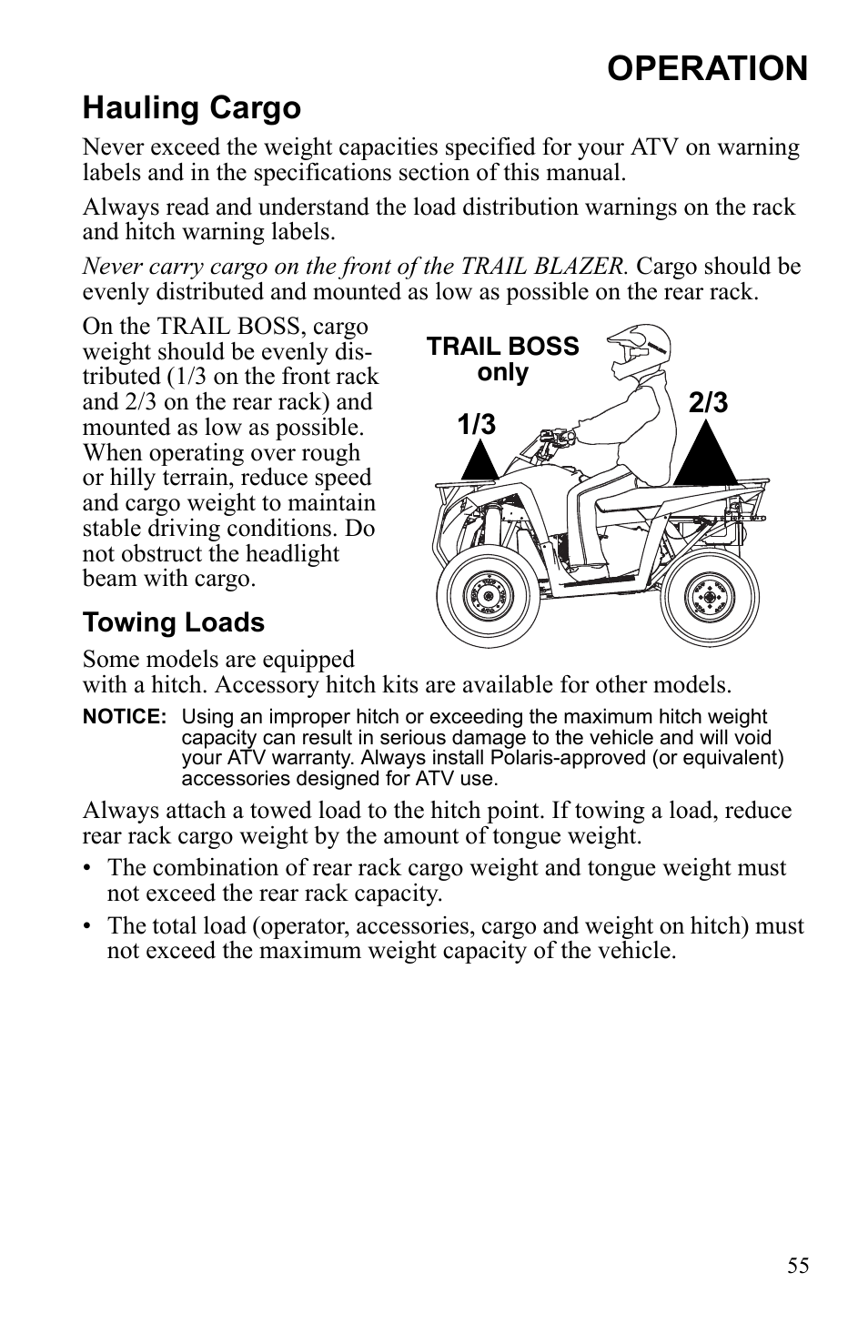 Operation, Hauling cargo | Polaris Trail Blazer 9922460 User Manual | Page 59 / 129