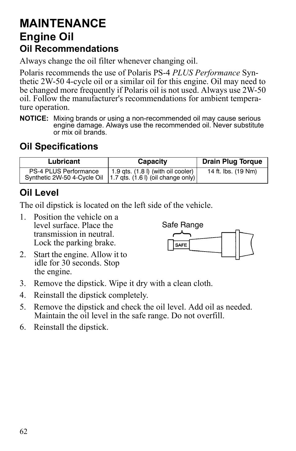 Maintenance, Engine oil | Polaris Trail Blazer 9922460 User Manual | Page 66 / 129