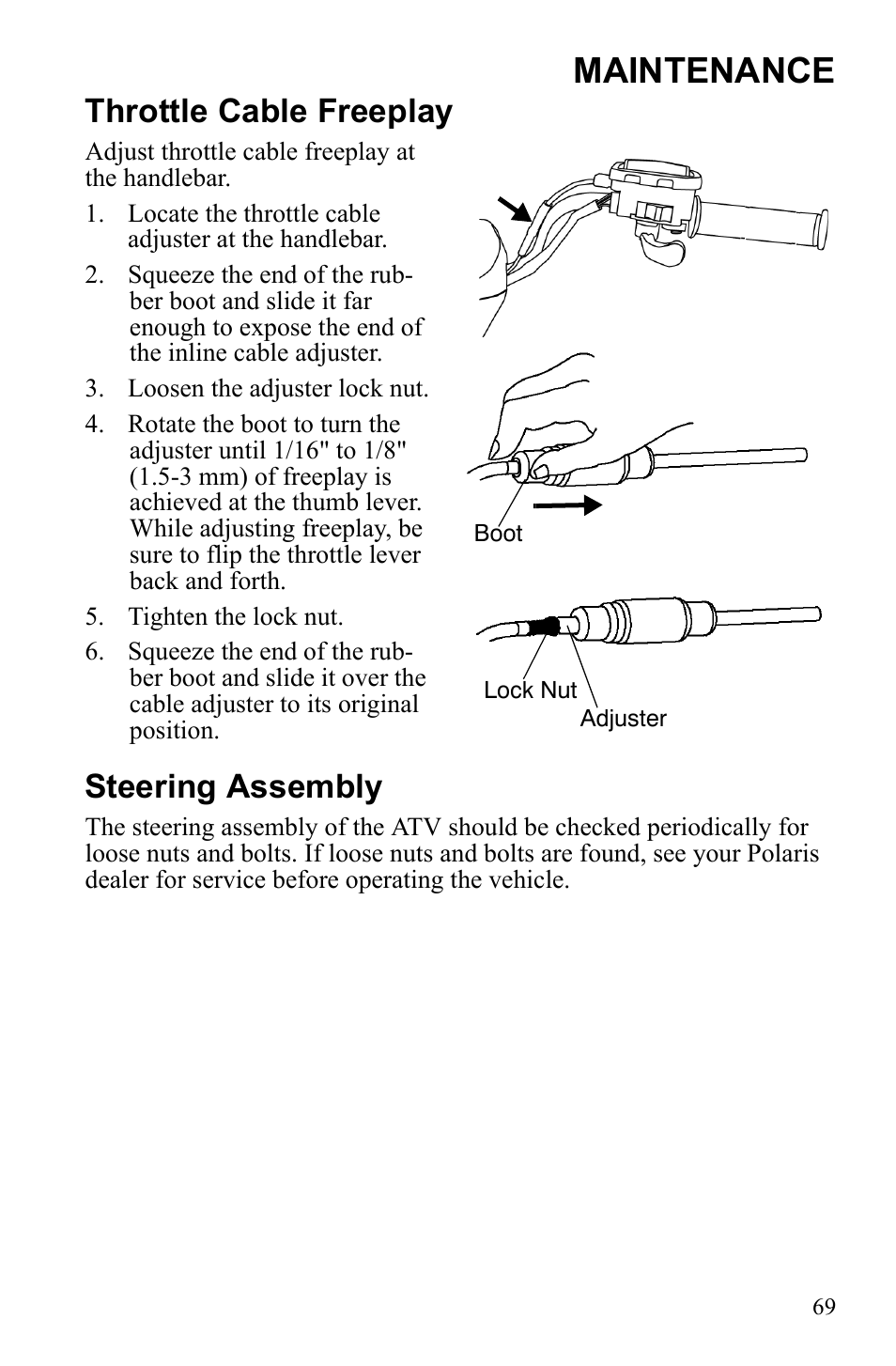 Maintenance, Throttle cable freeplay, Steering assembly | Polaris Trail Blazer 9922460 User Manual | Page 73 / 129