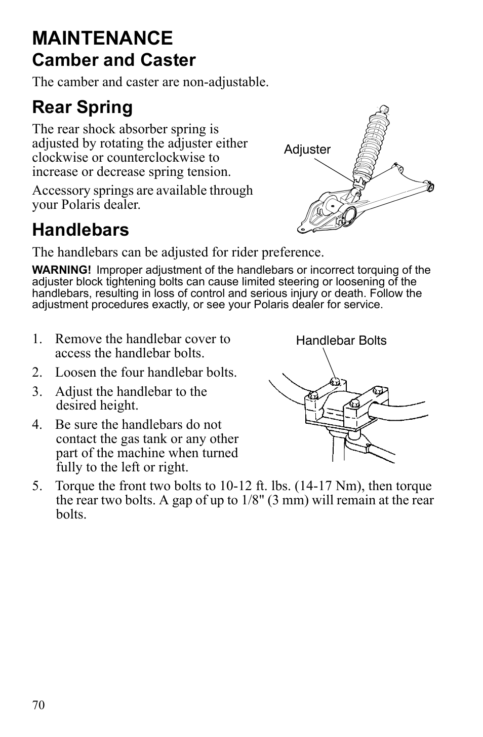 Maintenance, Camber and caster, Rear spring | Handlebars | Polaris Trail Blazer 9922460 User Manual | Page 74 / 129