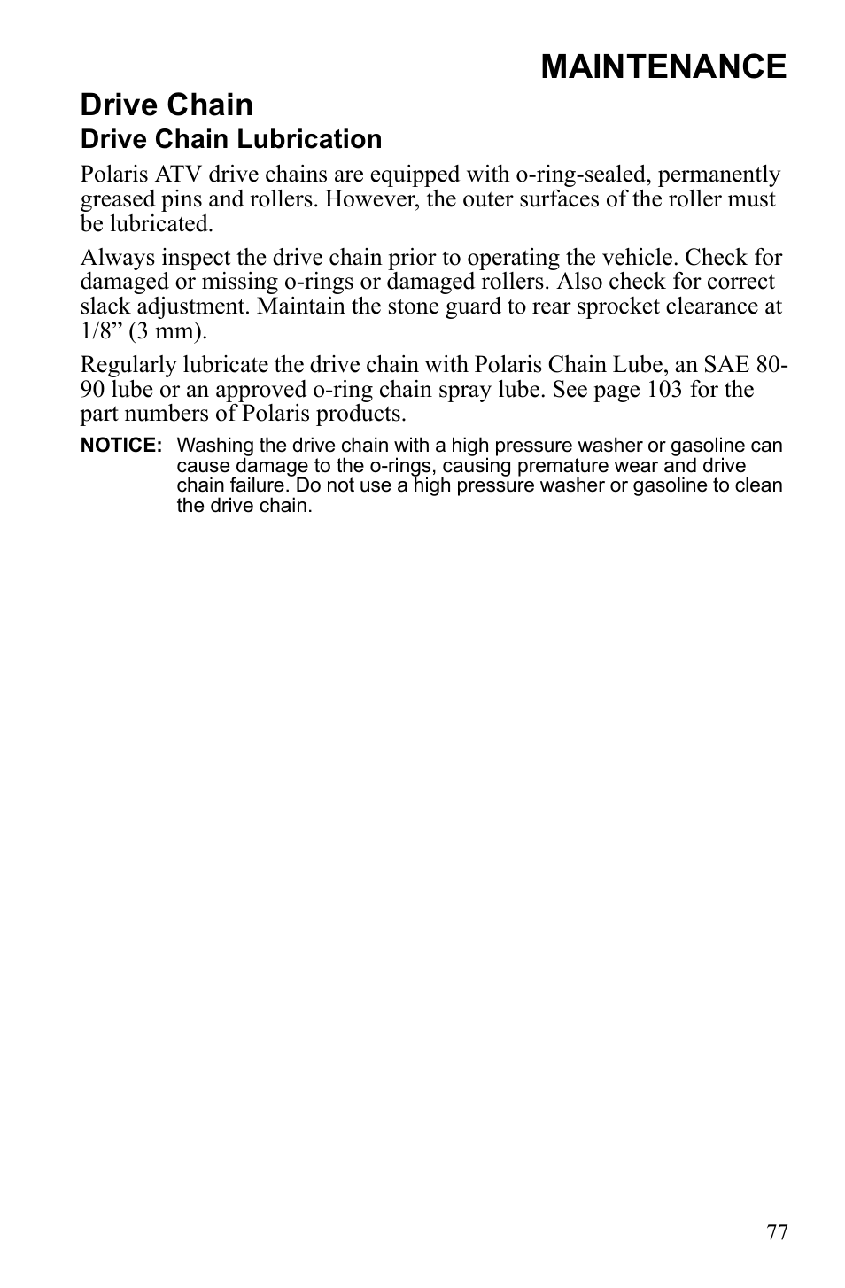 Maintenance, Drive chain | Polaris Trail Blazer 9922460 User Manual | Page 81 / 129