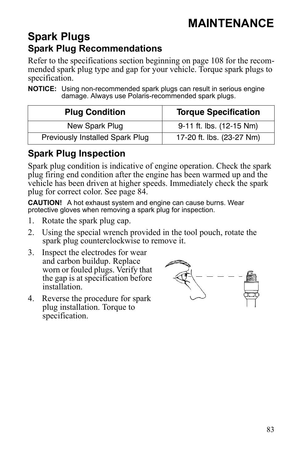 Maintenance, Spark plugs | Polaris Trail Blazer 9922460 User Manual | Page 87 / 129