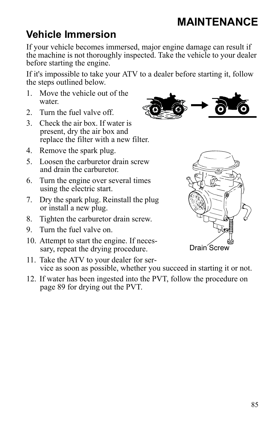 Maintenance, Vehicle immersion | Polaris Trail Blazer 9922460 User Manual | Page 89 / 129