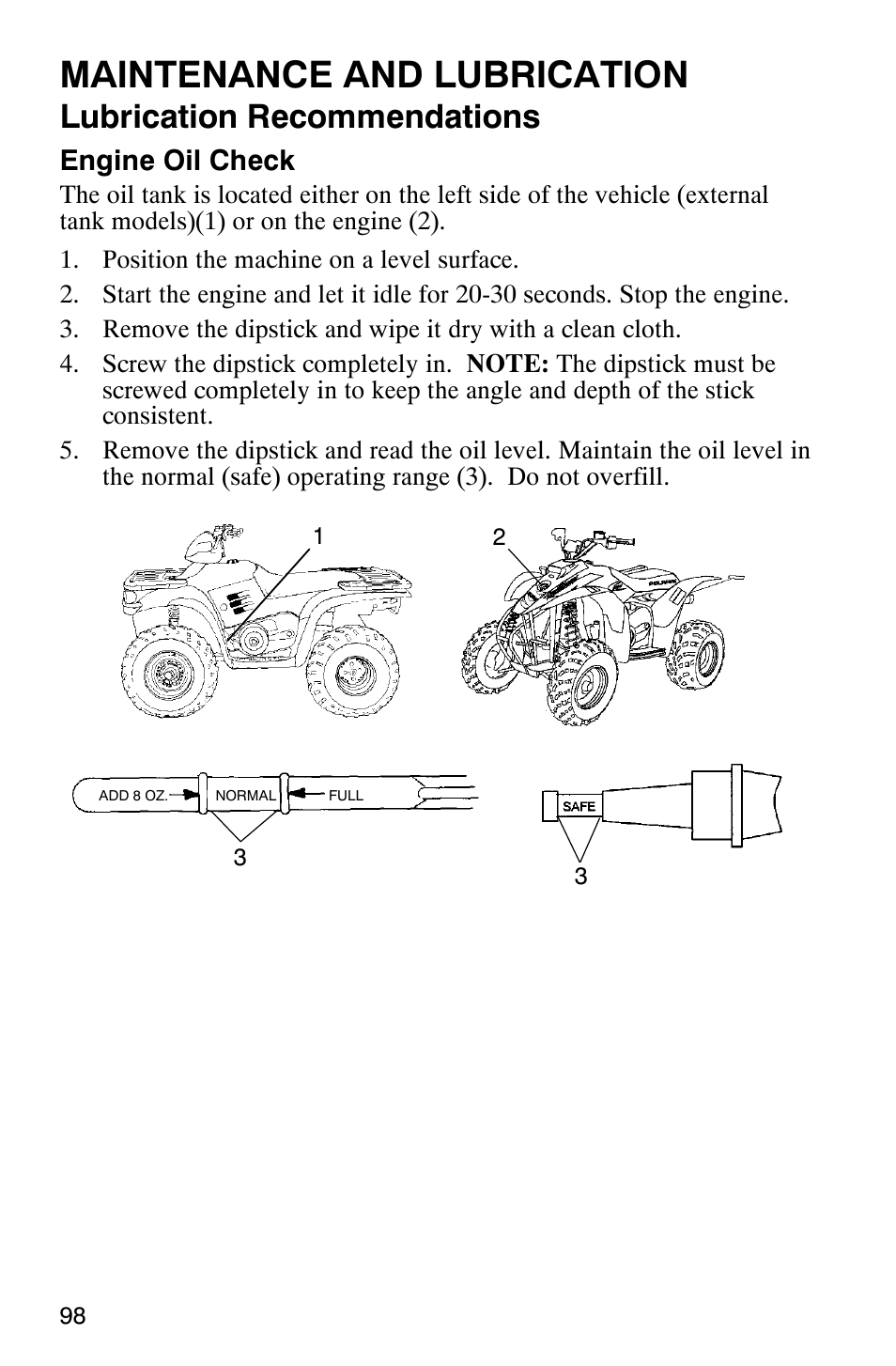 Maintenance and lubrication, Lubrication recommendations, Engine oil check | Polaris Scrambler 500 User Manual | Page 100 / 153