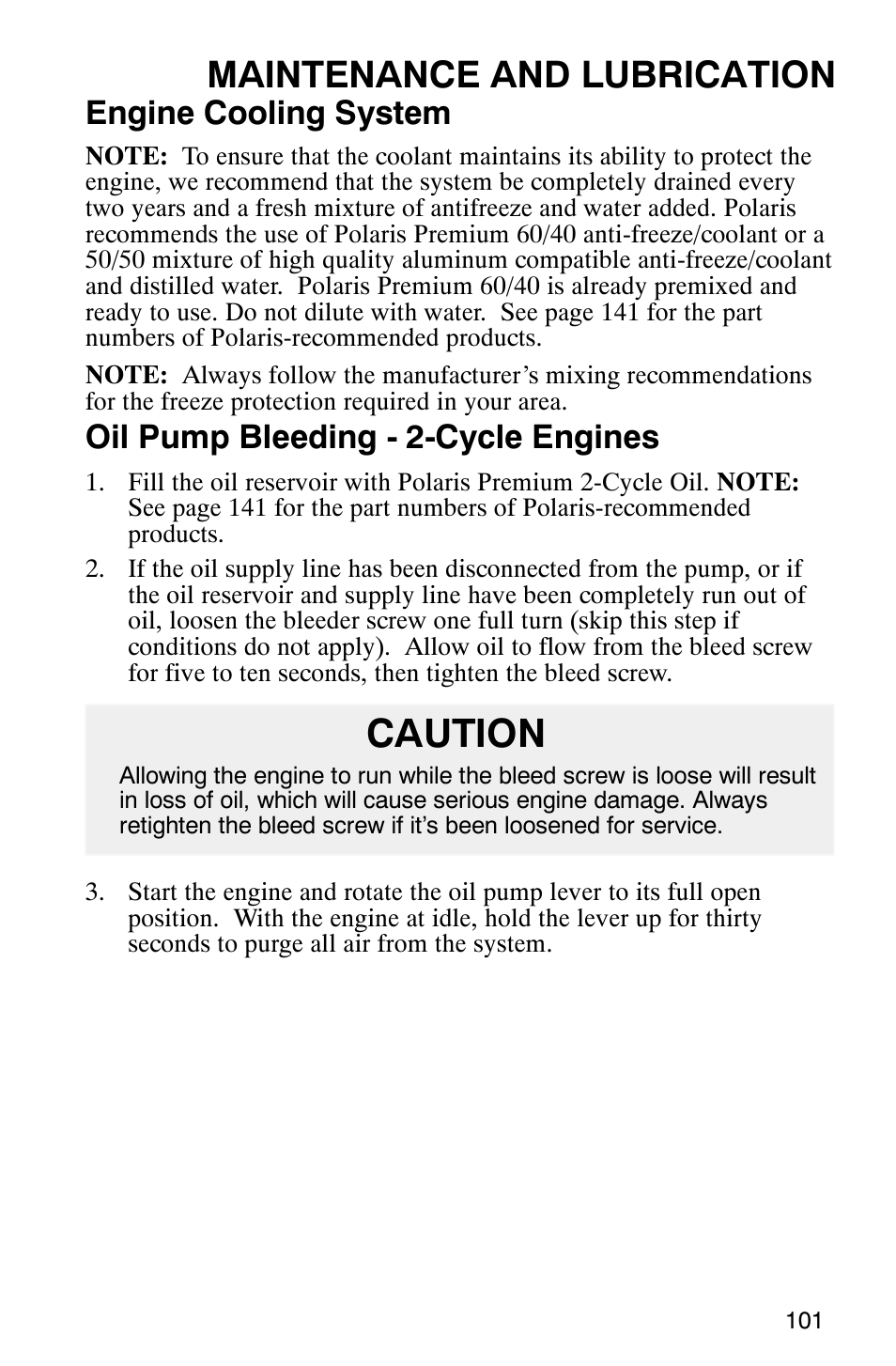 Caution, Maintenance and lubrication, Engine cooling system | Oil pump bleeding - 2-cycle engines | Polaris Scrambler 500 User Manual | Page 103 / 153