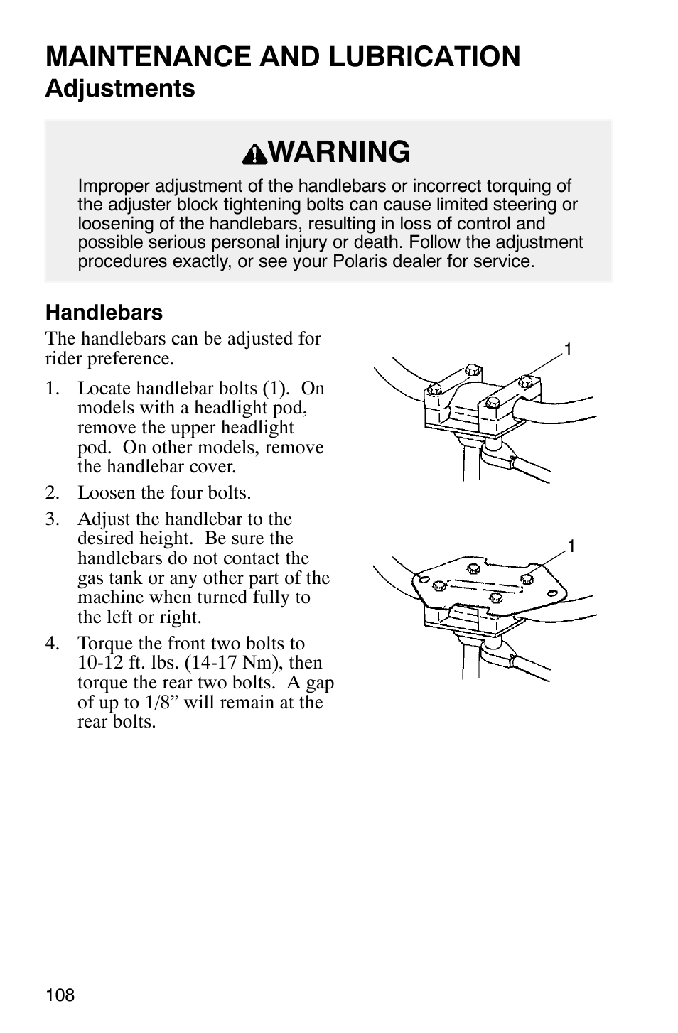 Warning, Maintenance and lubrication, Adjustments | Polaris Scrambler 500 User Manual | Page 110 / 153