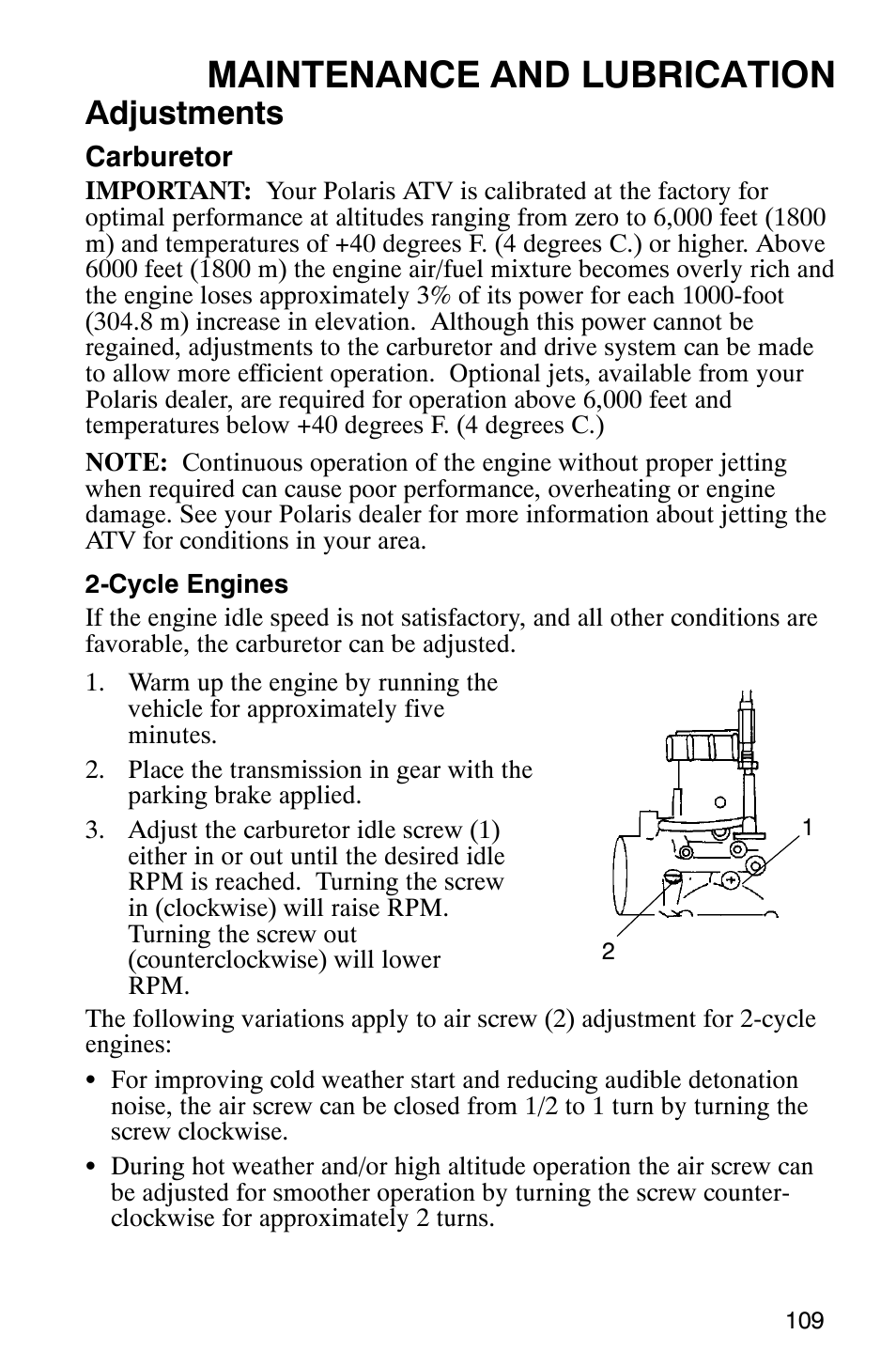 Maintenance and lubrication, Adjustments | Polaris Scrambler 500 User Manual | Page 111 / 153