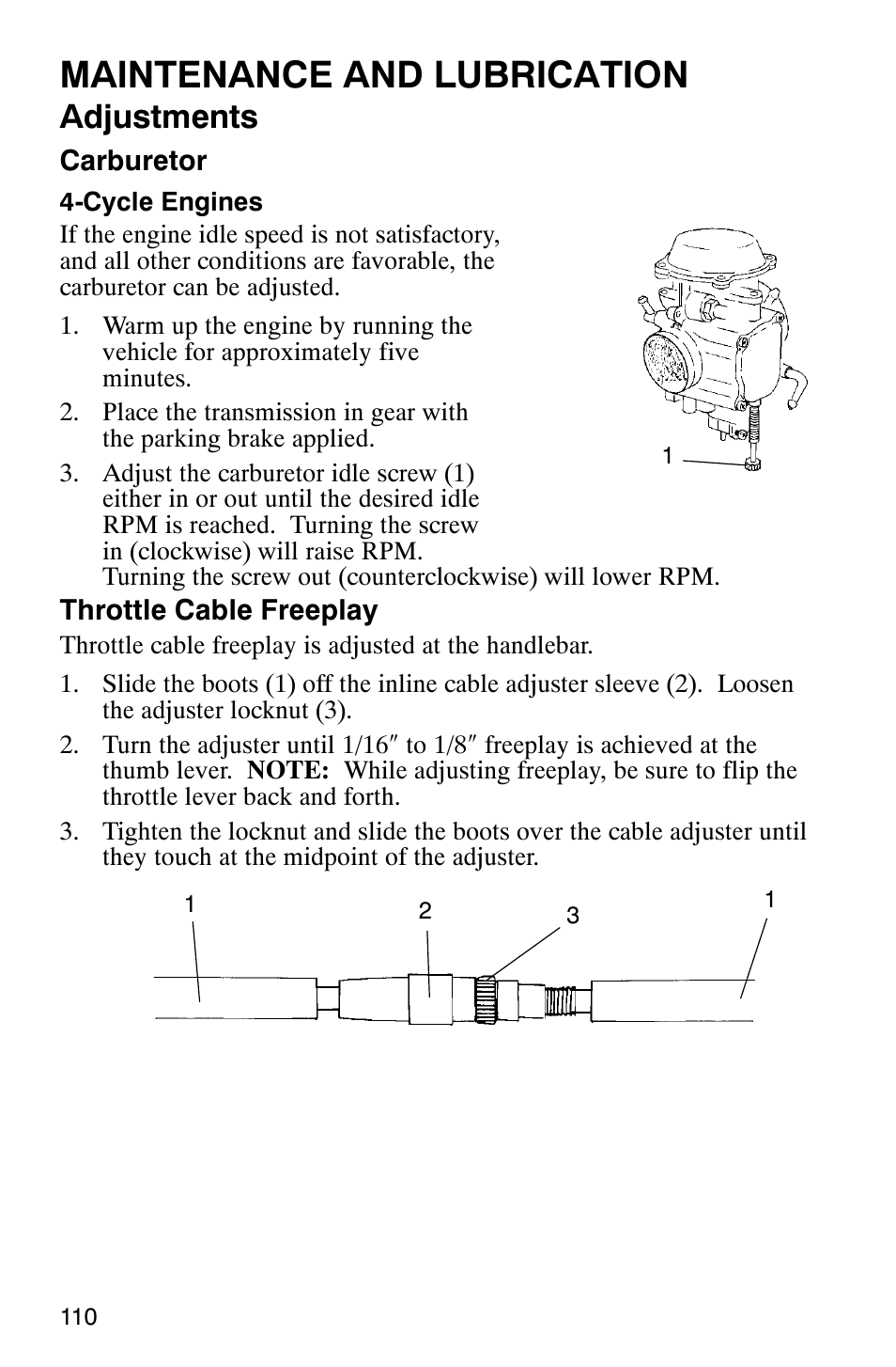 Maintenance and lubrication, Adjustments | Polaris Scrambler 500 User Manual | Page 112 / 153