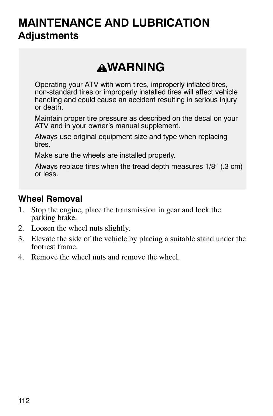 Warning, Maintenance and lubrication, Adjustments | Polaris Scrambler 500 User Manual | Page 114 / 153