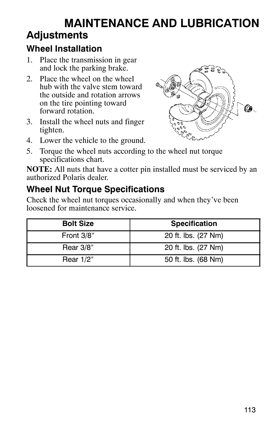 Maintenance and lubrication, Adjustments | Polaris Scrambler 500 User Manual | Page 115 / 153