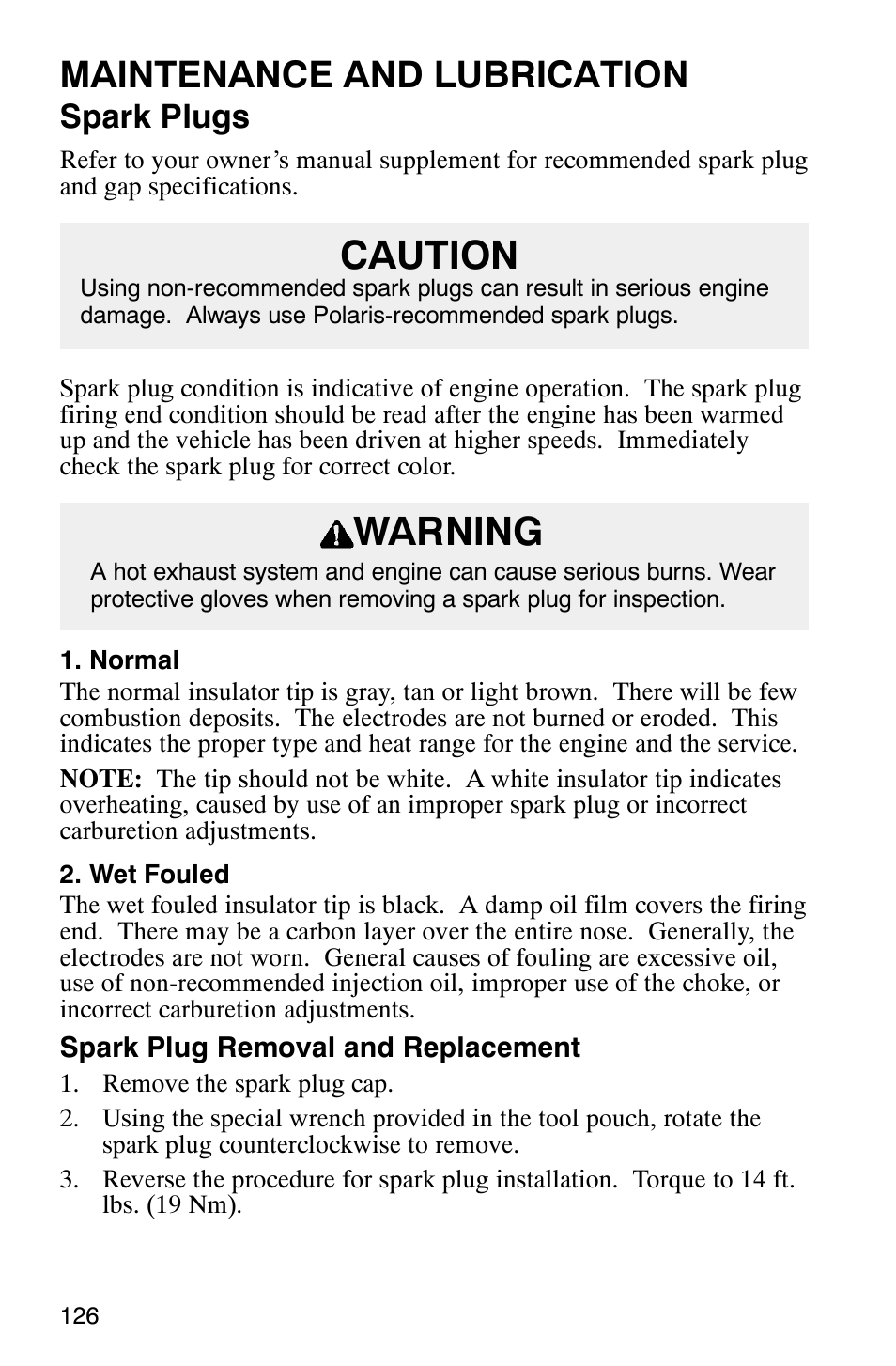 Caution warning, Maintenance and lubrication, Spark plugs | Polaris Scrambler 500 User Manual | Page 128 / 153