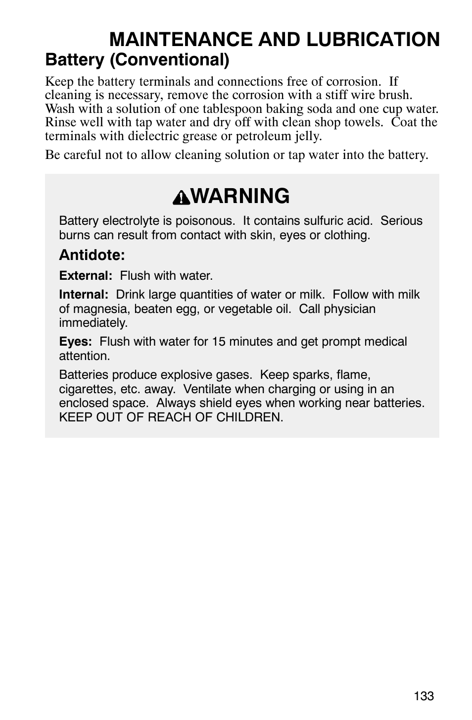 Warning, Maintenance and lubrication, Battery (conventional) | Polaris Scrambler 500 User Manual | Page 135 / 153