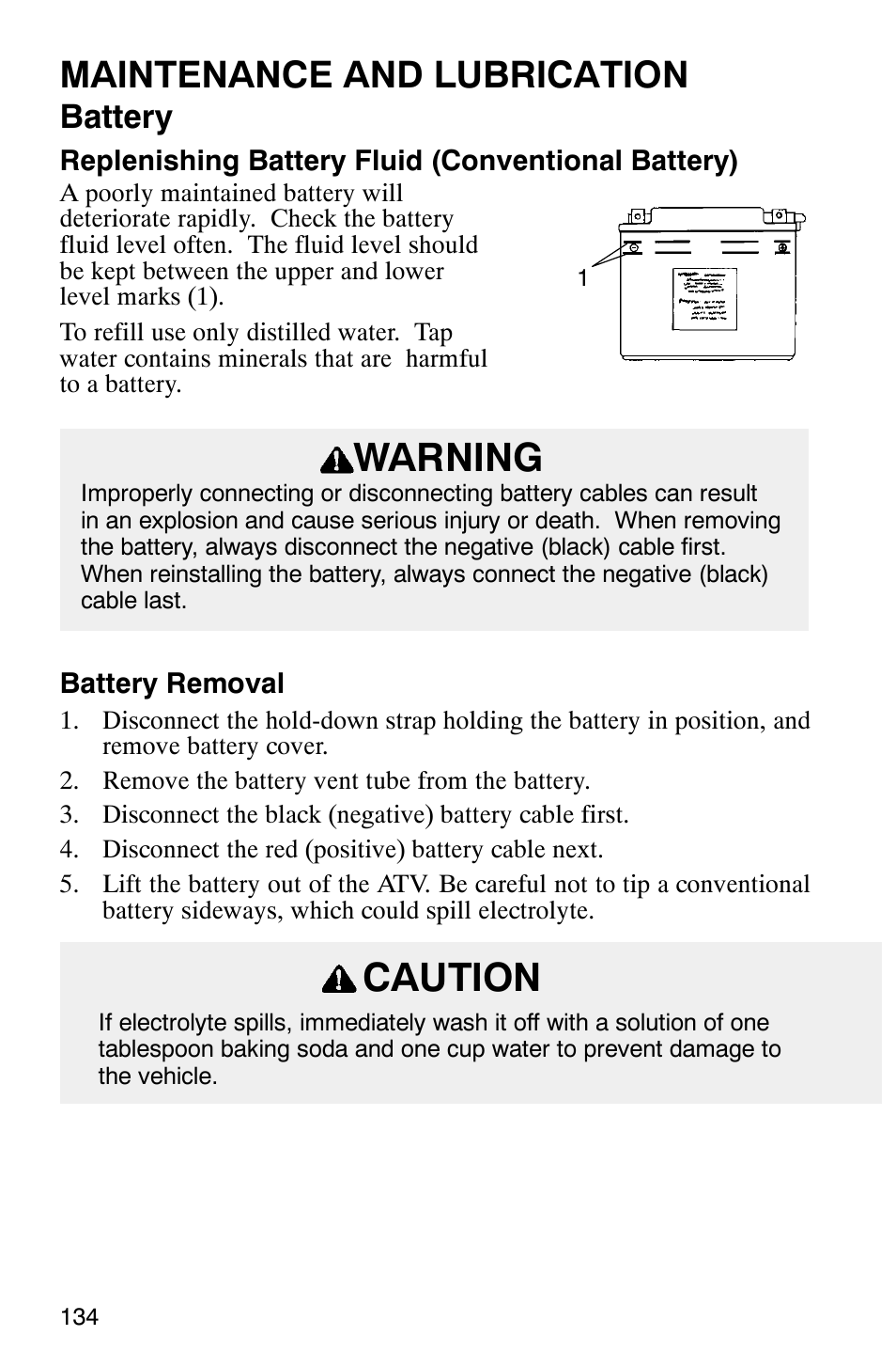 Warning, Caution, Maintenance and lubrication | Battery | Polaris Scrambler 500 User Manual | Page 136 / 153