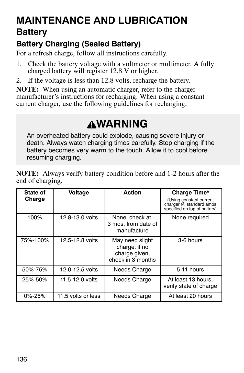 Warning, Maintenance and lubrication, Battery | Battery charging (sealed battery) | Polaris Scrambler 500 User Manual | Page 138 / 153