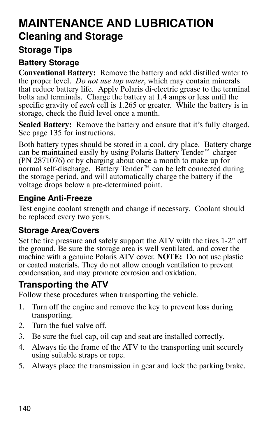 Maintenance and lubrication, Cleaning and storage | Polaris Scrambler 500 User Manual | Page 142 / 153