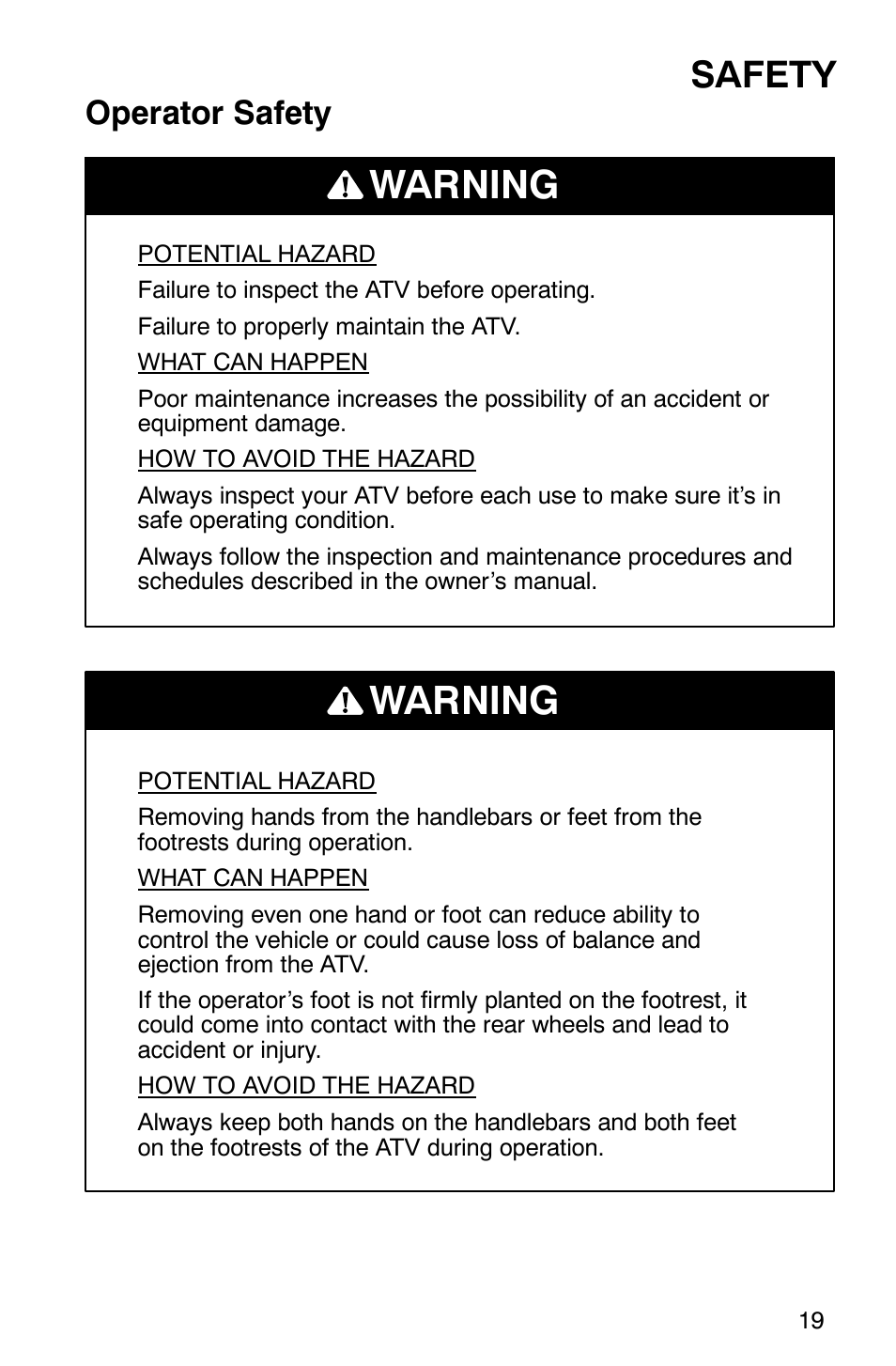 Warning, Safety, Operator safety | Polaris Scrambler 500 User Manual | Page 21 / 153