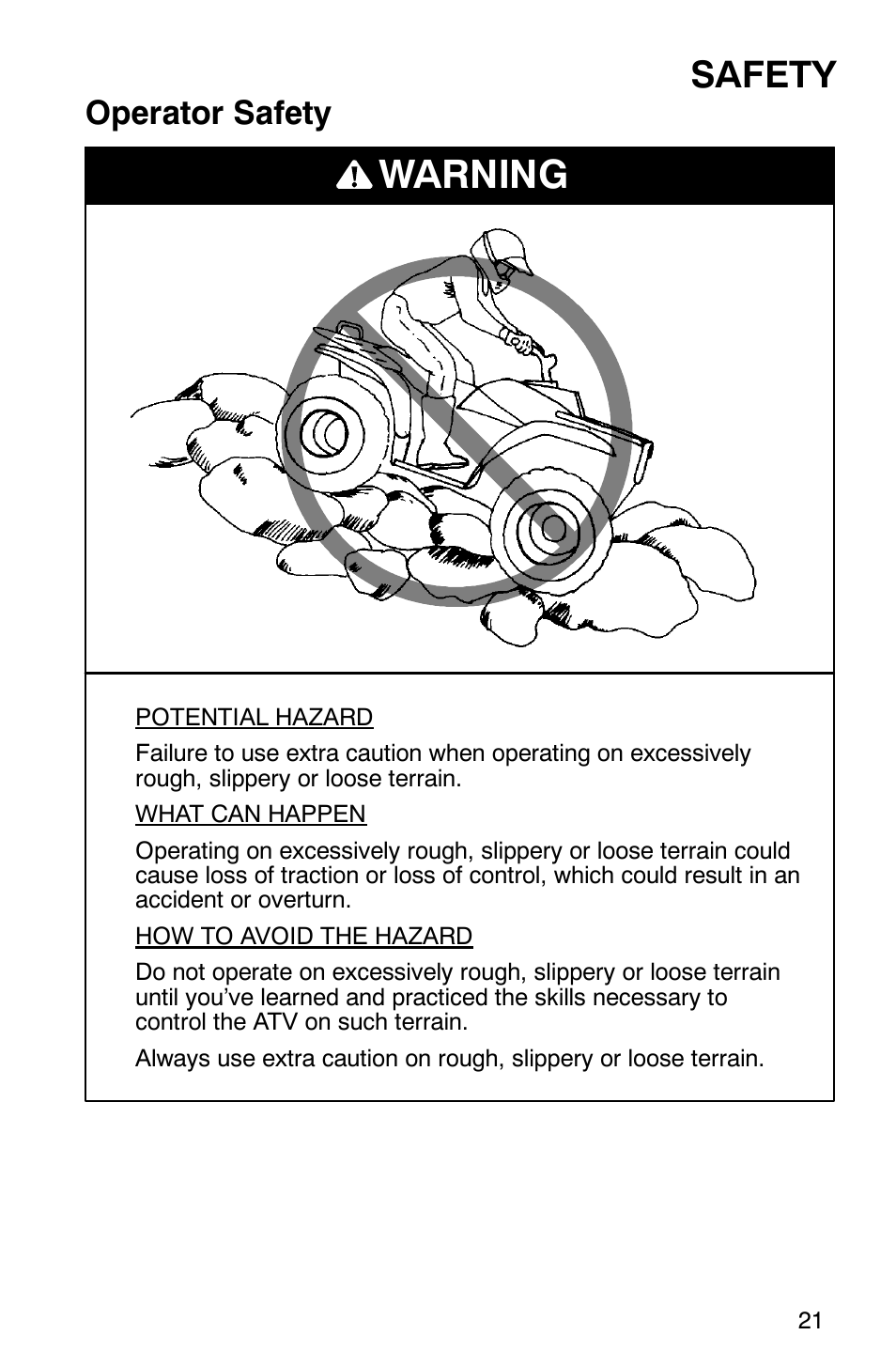 Warning, Safety, Operator safety | Polaris Scrambler 500 User Manual | Page 23 / 153