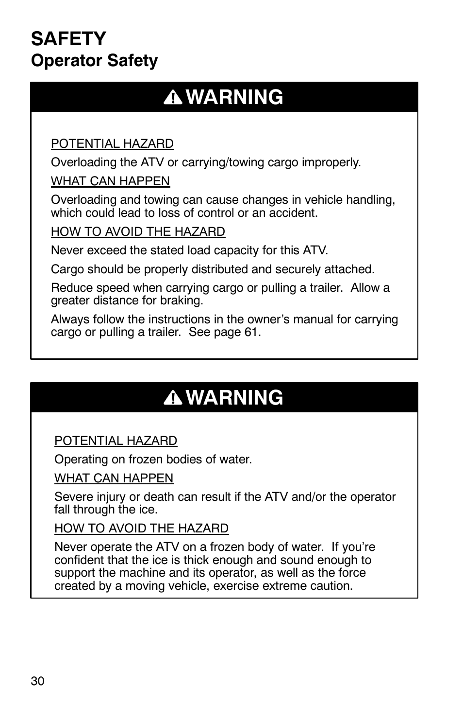 Warning, Safety, Operator safety | Polaris Scrambler 500 User Manual | Page 32 / 153